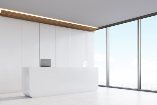 Office with reception and white panels, toned