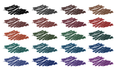 Ful set of color cosmetic eyeliner pencil strokes, twenty beauty product samples isolated on white background