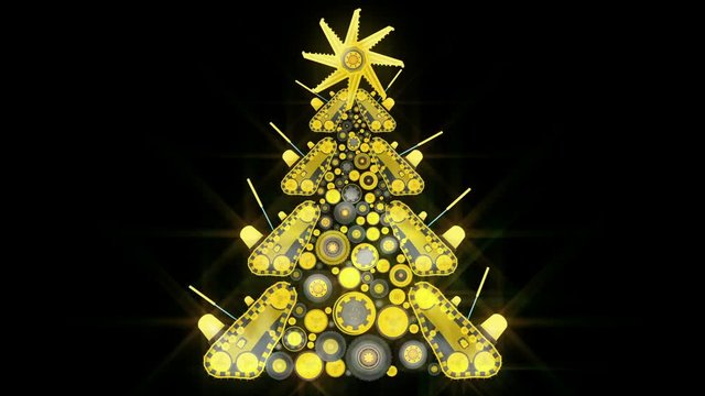 Bizarre machine Christmas tree build from ground works yellow vehicles components. Animated funny Christmas tree stylised to construction and equipment building. Animation with key, alpha and mask.