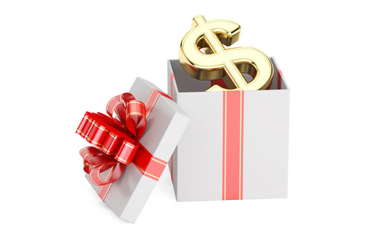 Gift box with dollar symbol, 3D rendering