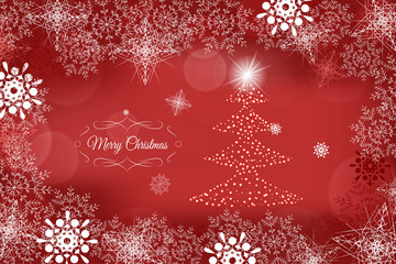 Vector Merry Christmas and Happy New Year abstract red background with christmas tree in the center and snowflakes.