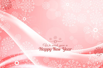 Vector We wish you a Happy New Year abstract light red background with waves and snowflakes.