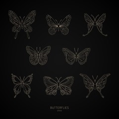 Set gold butterflies geometric shapes. Vector illustration.