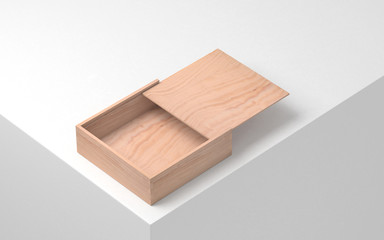 Opened square wooden box mockup, casket packaging. 3d rendering