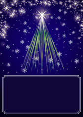Winter Holiday background with Christmas stars on tree. Snowy blue night. Colorful art vector illustration with bright rays of light, Stars snowflakes on sky. Copyspace place for text in frame.