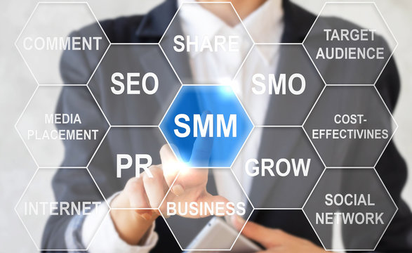 Businessman touched social media marketing sign. Cloud word SMM icon in hexagon. Business internet concept, web technology, cloud tag, website, smo, pr, grow, social network, public relations.