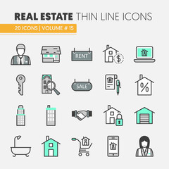 Real Estate Thin Line Vector Icons Set with Agent and Houses