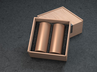 Two aluminum copper Can Mockup in Wooden Box on Black background, 3d rendering