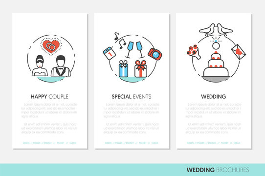 Wedding Party Business Brochure Template with Thin Line Vector Icons