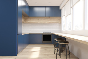 Front view of blue kitchen