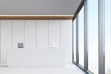 Front view, office reception, white panels