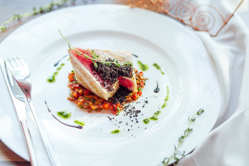 Grilled tuna steak with vegetables