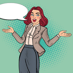 Pop Art Excited Happy Business Woman. Vector illustration