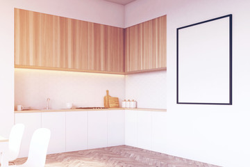 Side view of a tabletop in kitchen, wood, toned