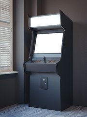 Old gaming machine in a room with windows. 3d rendering