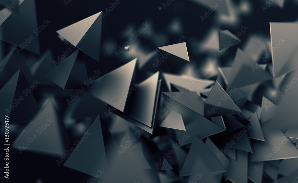 Poster abstract 3d rendering of chaotic low poly shapes. flying polygonal pyramids in empty space. futurist