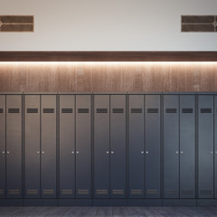 Luxury locker room with black cabinets. 3d rendering