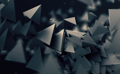 Abstract 3d rendering of chaotic low poly shapes. Flying polygonal pyramids in empty space. Futuristic background with bokeh effect. Poster design.