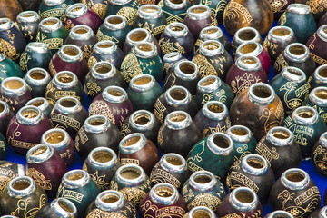 Argentina - Buenos Aires - The stall with a lot of calabash mate cups for yerba mate drinking during regular San Telmo sunday fiesta