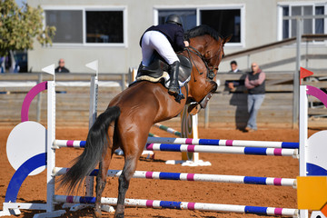 Rider on horse jumping over a hurdle during the equestrian event