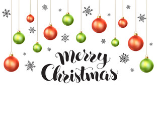 Happy holidays greeting card template. Modern New Year lettering with snowflakes ans Christmas balls isolated on white background. Merry Christmas vector illustration with text.