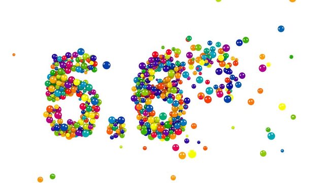 Digits five point six percent made of joyful colored 3D marbles over white background
