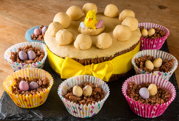 Home made Easter  simnel cake covered in almond marzipan