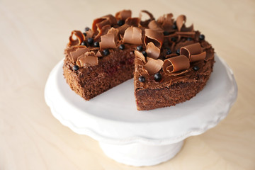 Delicious chocolate cake with blueberry, closeup