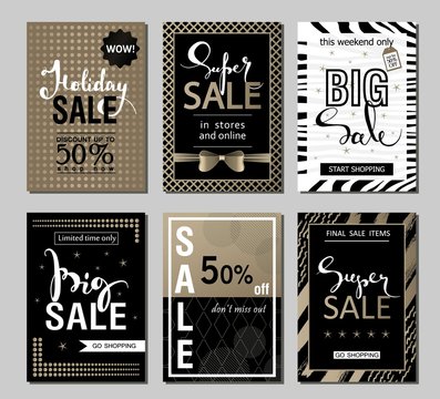 Set of social media sale website and mobile banner templates with golden texture. Vector banners posters flyers email newsletter ads promotional material. Typography discount card design