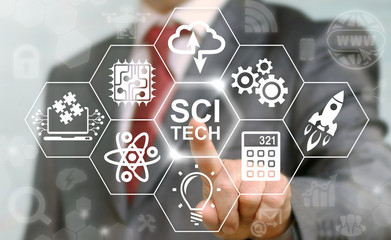 Business sci-tech stem science technology engineering math industrial concept. Sci Tech computing internet education web icon. Man presses modernizatiion innovation strategy planning industry button.