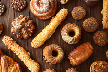 Bakery products on wooden table
