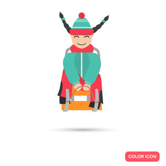 Girl in a sled color icon. Flat design for web and mobile