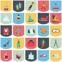Winter sports and fun color flat icons set