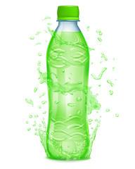 Water splashes in green colors around a plastic bottle with gree