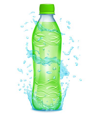 Water splashes in light blue colors around a plastic bottle with
