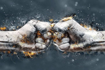 Fight, two fists hitting each other. Fire illustration.