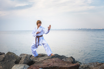 Fototapeta na wymiar Young boy training karate