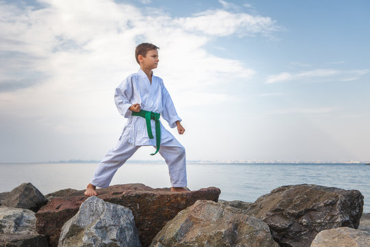 Young boy training karate