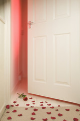 Slightly opened bedroom door with red light and rose petals on floor