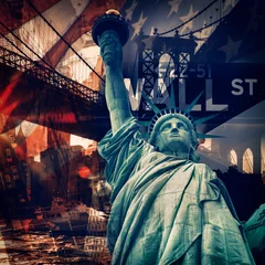 Rolgordijnen New York City collage including the Statue of Liberty and severa © kmiragaya