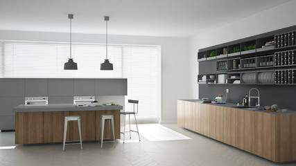 Scandinavian gray kitchen with wooden and gray details, minimali