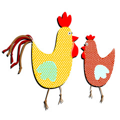 Patterned cock and hen on a white background. Funny illustration