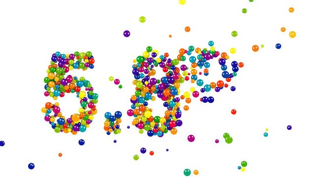 Five point eight percent colored shiny digits of 3D marbles isolated over white background