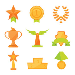 Vector icons set of golden sport award cups in modern flat style