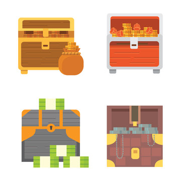 Cute set of diferent chests. Cartoon illustration chest. Safe money vector 