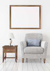 Horizontal interior poster mock-up with empty wooden frame, armchair and lamp on white wall background. 3D rendering.