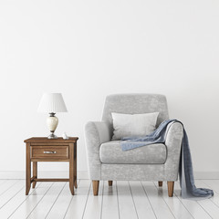 Empty white wall mock-up with neutral velvet armchair and lamp on wooden floor. 3D rendering.