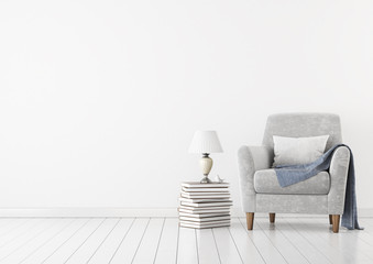 Empty white wall mock-up with neutral velvet armchair and lamp on wooden floor. 3D rendering.