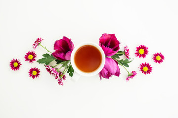 Flowers and tea. Flat lay, Top view.