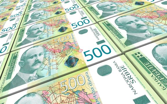 Serbian dinar bills stacks background. 3D illustration.